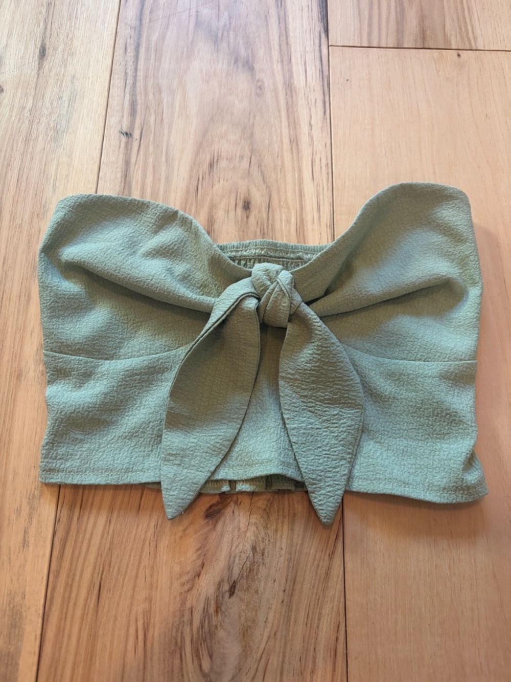 SHEIN Sage Green Strapless Bow Tie Front Smocked Crop Top XS